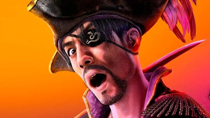 Goro Majima as a pirate with a tricorn hat and his customary eyepatch in Like A Dragon: Pirate Yakuza In Hawaii