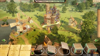 A village in Masters Of Albion, with a scrolling menu of building parts along the bottom