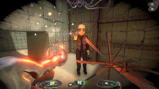 A player aiming weirdly-shaped sci-fi guns at another player in sunglasses in Straftat