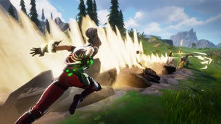 A woman dashing towards a man who is firing earthquakes at her in Spellbreak