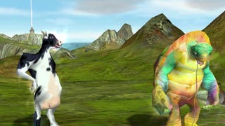 A cow creature looks at a colourful turtle creature in Black & White.