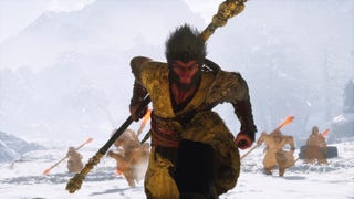 The player in Black Myth: Wukong runs towards the camera in a snowy landscape, with numerous decoys following behind.