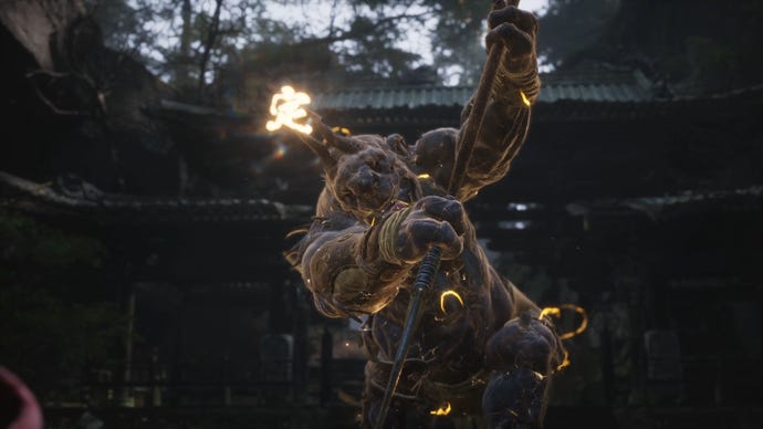 A close-up of the Bullguard, a boss in Black Myth: Wukong, held still by the Immobilize Spell.