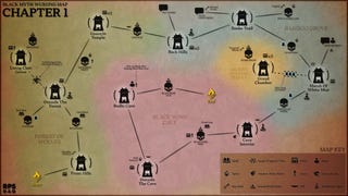 An abstract map of Chapter 1 of Black Myth: Wukong, depicting the locations of all bosses, characters, and collectibles in reference to all the Keeper's Shrines and the connections and pathways between them.