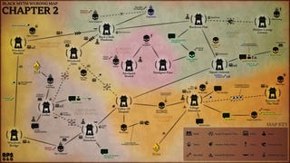 An abstract map of Chapter 2 of Black Myth: Wukong, depicting the locations of all bosses, characters, and collectibles in reference to all the Keeper's Shrines and the connections and pathways between them.