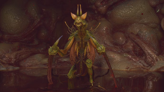 A screenshot of the Emerald-Armed Mantis boss in Chapter 6 of Black Myth: Wukong.