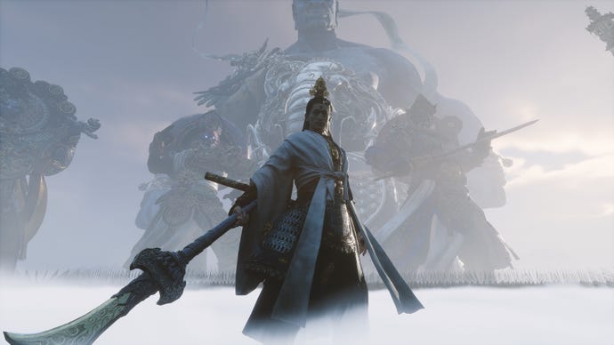 A screenshot of Erlang, the boss in the prologue of Black Myth: Wukong, standing on a landscape of clouds.