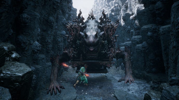 A screenshot of the Gray-Bronze Cart boss in Chapter 5 of Black Myth: Wukong.