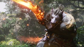 A close-up of Guangzhi, a boss in Chapter 1 of Black Myth: Wukong, attacking towards the camera with his double-bladed flaming staff.