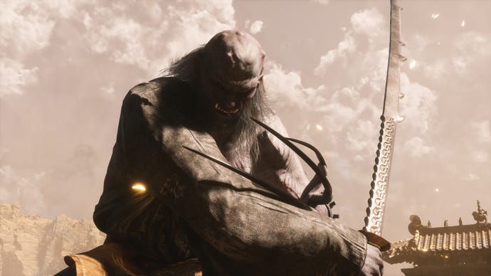 A close-up of the Tiger's Acolyte boss drawing his sword across his body in Black Myth: Wukong.