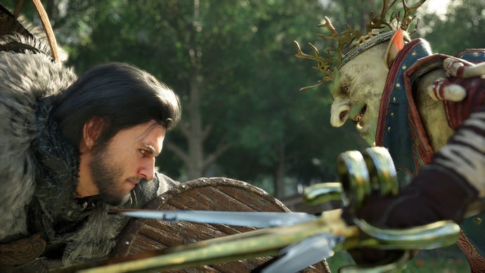 Crimson Desert protagonist Kliff confronts a crowned goblin in a duel.