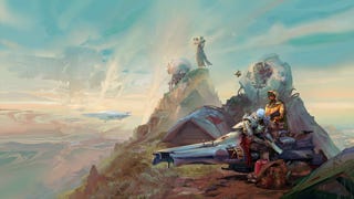 Destiny 2 Frontiers art, showing Guardians looking out over a mountain top.