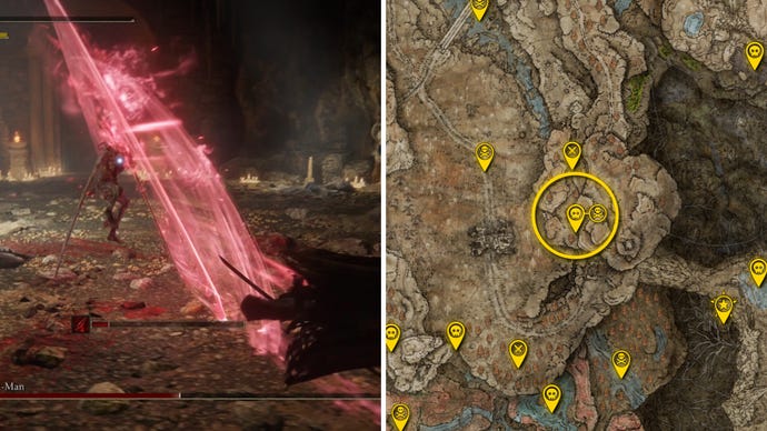 Two Elden Ring: Shadow Of The Erdtree screenshots side by side. Left: a screenshot of the player fighting the Ancient Dragon-Man boss. Right: the location of that boss on the map.