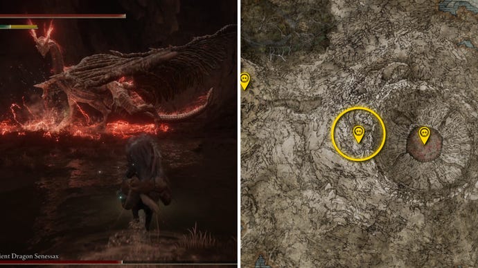 Two Elden Ring: Shadow Of The Erdtree screenshots side by side. Left: a screenshot of the player fighting the Ancient Dragon Senessax boss. Right: the location of that boss on the map.