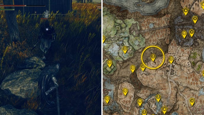 Two Elden Ring: Shadow Of The Erdtree screenshots side by side. Left: a screenshot of the player fighting the Black Knight boss. Right: the location of that boss on the map.