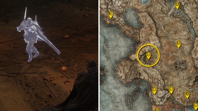 Two Elden Ring: Shadow Of The Erdtree screenshots side by side. Left: a screenshot of the player fighting the Blackgaol Knight boss. Right: the location of that boss on the map.