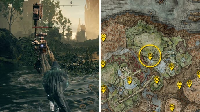 Two Elden Ring: Shadow Of The Erdtree screenshots side by side. Left: a screenshot of the player fighting the Crucible Knight Devonia boss. Right: the location of that boss on the map.