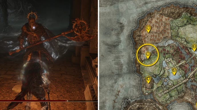 Two Elden Ring: Shadow Of The Erdtree screenshots side by side. Left: a screenshot of the player fighting the Death Knight boss. Right: the location of that boss on the map.