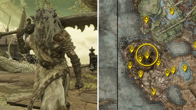 Two Elden Ring: Shadow Of The Erdtree screenshots side by side. Left: a screenshot of the player fighting the Divine Beast Warrior Of Lightning boss. Right: the location of that boss on the map.