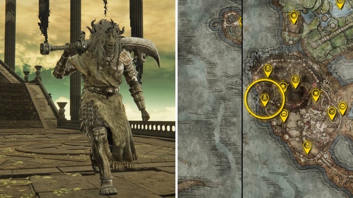 Two Elden Ring: Shadow Of The Erdtree screenshots side by side. Left: a screenshot of the player fighting the Divine Beast Warrior Of Wind boss. Right: the location of that boss on the map.