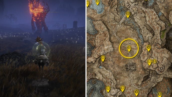 Two Elden Ring: Shadow Of The Erdtree screenshots side by side. Left: a screenshot of the player fighting the Furnace Golem boss. Right: the location of that boss on the map.