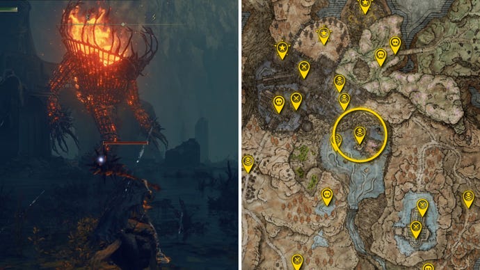 Two Elden Ring: Shadow Of The Erdtree screenshots side by side. Left: a screenshot of the player fighting the Furnace Golem boss. Right: the location of that boss on the map.