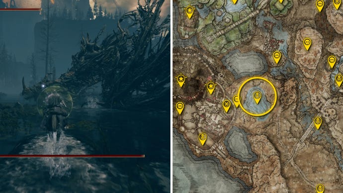 Two Elden Ring: Shadow Of The Erdtree screenshots side by side. Left: a screenshot of the player fighting the Ghostflame Dragon boss. Right: the location of that boss on the map.