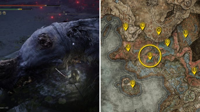 Two Elden Ring: Shadow Of The Erdtree screenshots side by side. Left: a screenshot of the player fighting the Hippopotamus boss. Right: the location of that boss on the map.