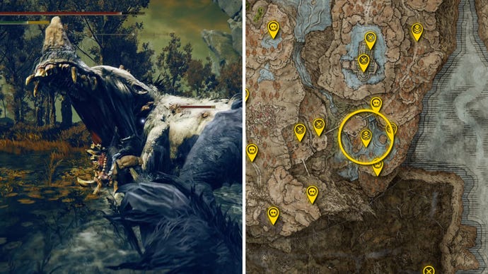 Two Elden Ring: Shadow Of The Erdtree screenshots side by side. Left: a screenshot of the player fighting the Hippopotamus boss. Right: the location of that boss on the map.