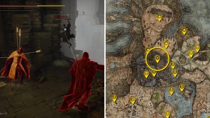 Two Elden Ring: Shadow Of The Erdtree screenshots side by side. Left: a screenshot of the player fighting the Leda vs Ansbach boss. Right: the location of that boss on the map.