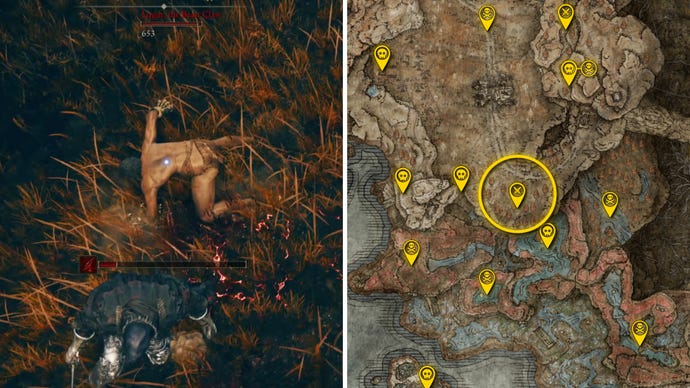 Two Elden Ring: Shadow Of The Erdtree screenshots side by side. Left: a screenshot of the player fighting the Logur The Beast Claw boss. Right: the location of that boss on the map.