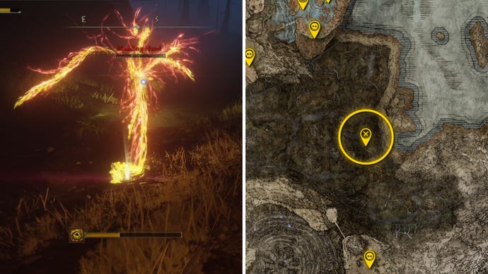 Two Elden Ring: Shadow Of The Erdtree screenshots side by side. Left: a screenshot of the player fighting the Madding Hand boss. Right: the location of that boss on the map.