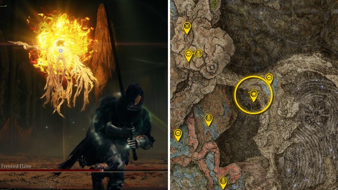 Two Elden Ring: Shadow Of The Erdtree screenshots side by side. Left: a screenshot of the player fighting the Midra Lord Of Frenzied Flame boss. Right: the location of that boss on the map.