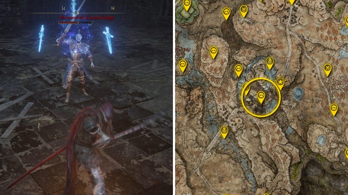 Two Elden Ring: Shadow Of The Erdtree screenshots side by side. Left: a screenshot of the player fighting the Moonrithyll, Carian Knight boss. Right: the location of that boss on the map.