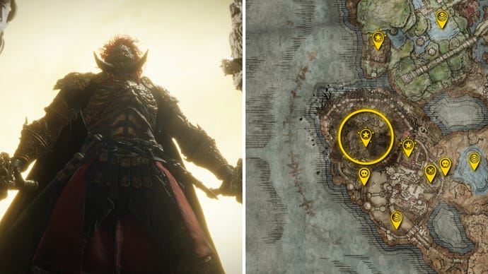 Two Elden Ring: Shadow Of The Erdtree screenshots side by side. Left: a screenshot of the player fighting the Promised Consort Radahn boss. Right: the location of that boss on the map.