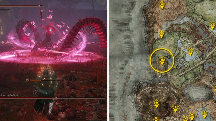 Two Elden Ring: Shadow Of The Erdtree screenshots side by side. Left: a screenshot of the player fighting the Romina, Saint Of The Bud boss. Right: the location of that boss on the map.