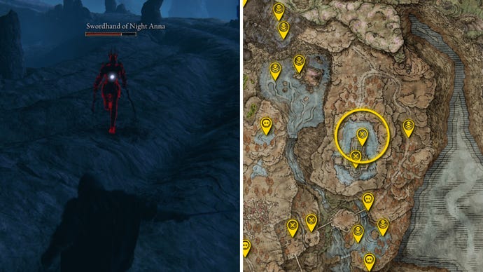 Two Elden Ring: Shadow Of The Erdtree screenshots side by side. Left: a screenshot of the player fighting the Swordhand Of Night Anna boss. Right: the location of that boss on the map.