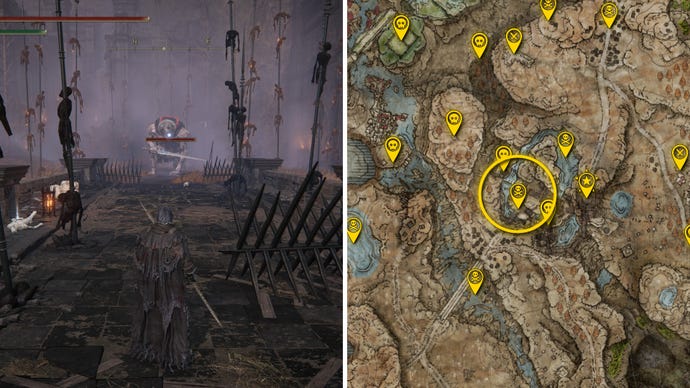 Two Elden Ring: Shadow Of The Erdtree screenshots side by side. Left: a screenshot of the player fighting the Troll Knight boss. Right: the location of that boss on the map.