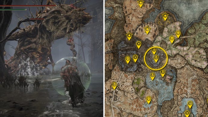 Two Elden Ring: Shadow Of The Erdtree screenshots side by side. Left: a screenshot of the player fighting the Ulcerated Tree Spirit boss. Right: the location of that boss on the map.