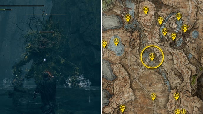 Two Elden Ring: Shadow Of The Erdtree screenshots side by side. Left: a screenshot of the player fighting the Ulcerated Tree Spirit boss. Right: the location of that boss on the map.