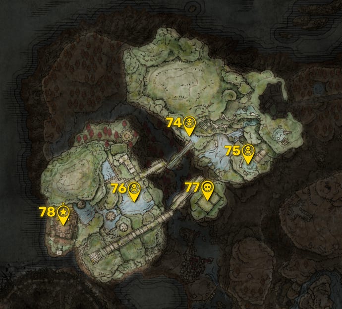 Part of the Elden Ring DLC map with all areas greyed out except for the Ancient Ruins Of Rauh region, and all the boss locations in that region highlighted and numbered in yellow.