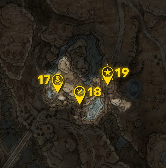 Part of the Elden Ring DLC map with all areas greyed out except for the Castle Ensis region, and all the boss locations in that region highlighted and numbered in yellow.