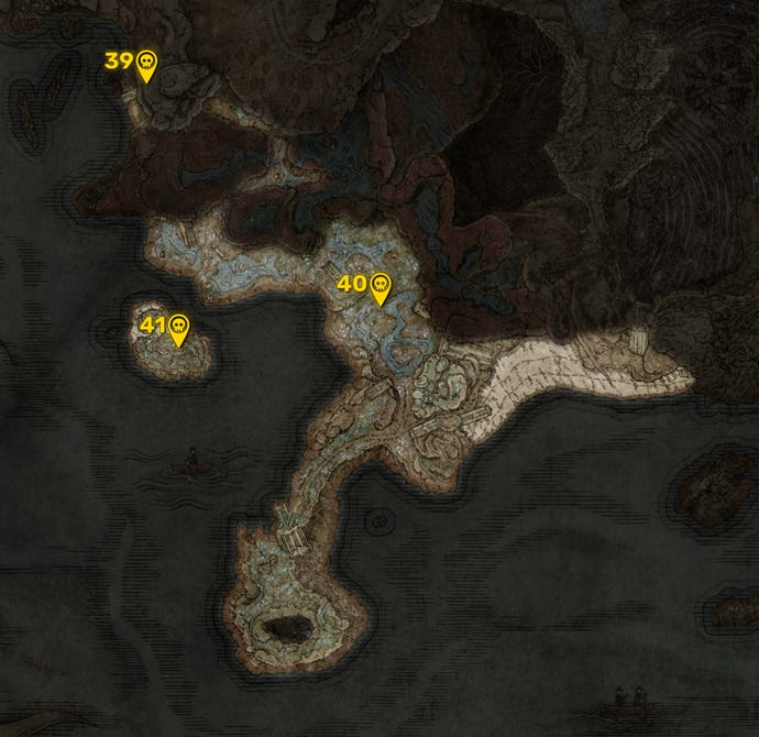 Part of the Elden Ring DLC map with all areas greyed out except for the Cerulean Coast region, and all the boss locations in that region highlighted and numbered in yellow.