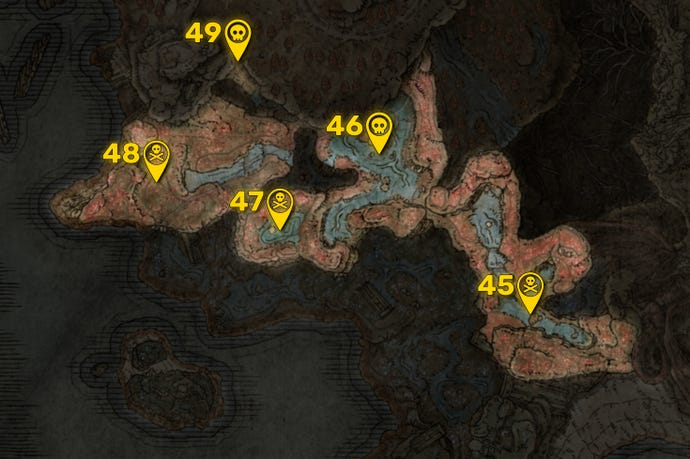 Part of the Elden Ring DLC map with all areas greyed out except for the Charo's Hidden Grave region, and all the boss locations in that region highlighted and numbered in yellow.