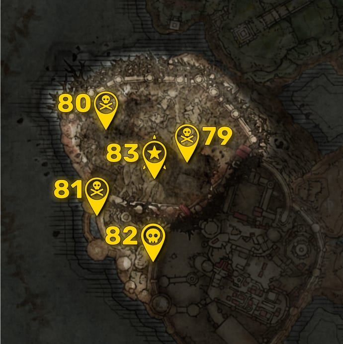 Part of the Elden Ring DLC map with all areas greyed out except for the Enir-Ilim region, and all the boss locations in that region highlighted and numbered in yellow.