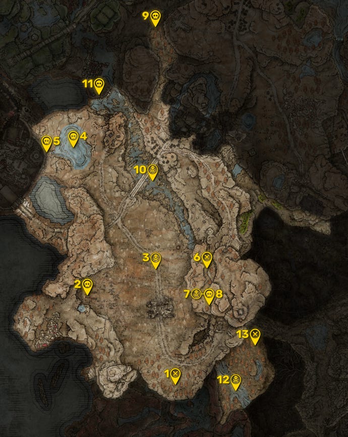 Part of the Elden Ring DLC map with all areas greyed out except for the Gravesite Plain region, and all the boss locations in that region highlighted and numbered in yellow.