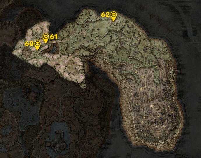 Part of the Elden Ring DLC map with all areas greyed out except for the Hinterland region, and all the boss locations in that region highlighted and numbered in yellow.