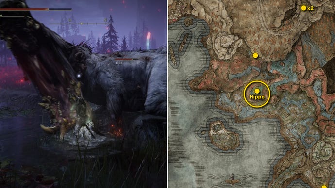 Two screenshots from Elden Ring: Shadow Of The Erdtree. Left: the player approaches a Scadutree Fragment. Right: the location of that Scadutree Fragment on the map.