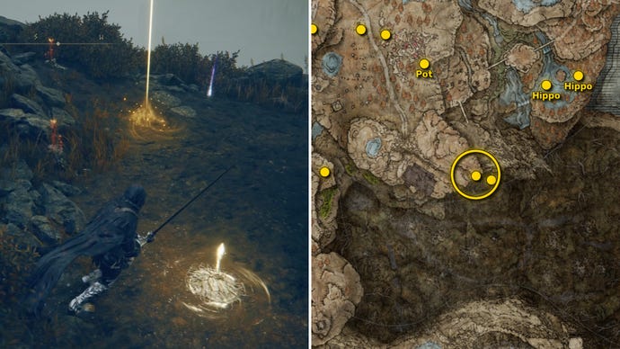 Two screenshots from Elden Ring: Shadow Of The Erdtree. Left: the player approaches a Scadutree Fragment. Right: the location of that Scadutree Fragment on the map.