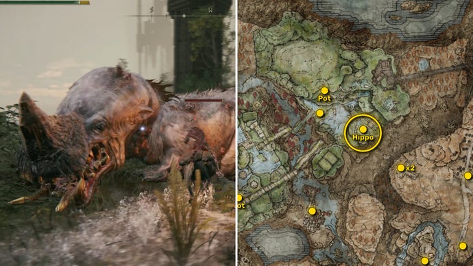 Two screenshots from Elden Ring: Shadow Of The Erdtree. Left: the player approaches a Scadutree Fragment. Right: the location of that Scadutree Fragment on the map.